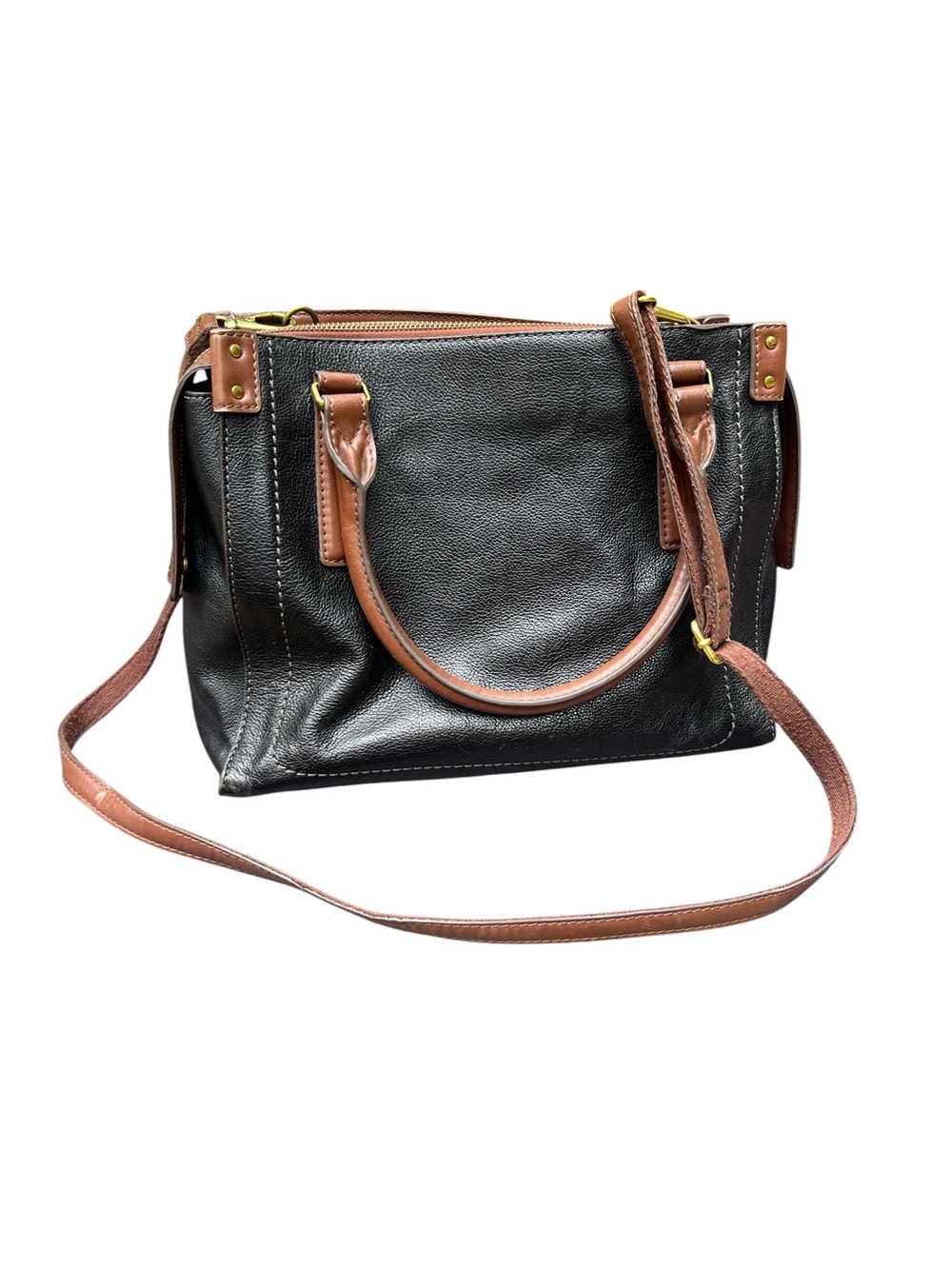 Fossil Claire Black Leather Satchel with Brown Trim - Women Bags Classic